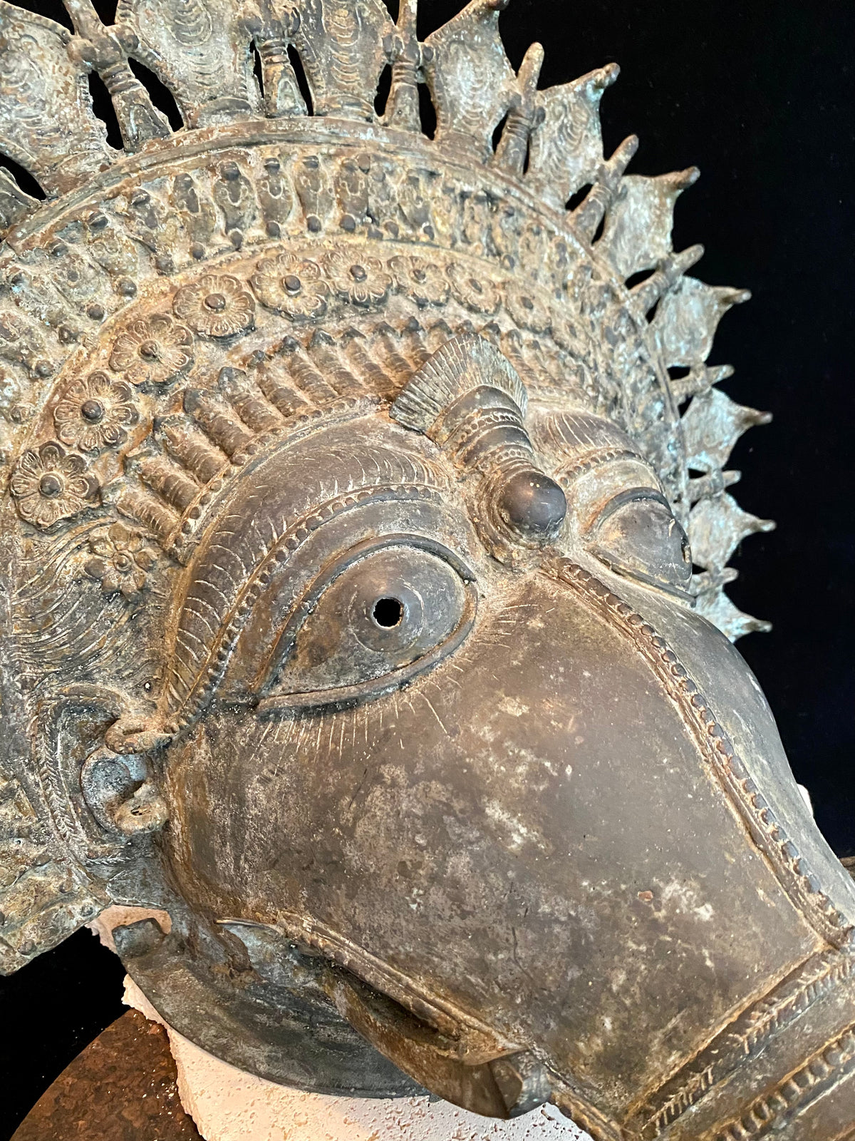Ceremonial dancer's headpiece worn as a mask in the form of Vishnu's incarnation as Varaha. For ritual use in annual Dharmanema dance festivals. Early 20th century. Bronze lost wax casting. From Kerala, southern India. Measurements: Width 51 cm, height 43 cm, depth 32 cm.