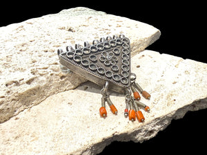 Vintage Afghani triangle protective amulet with Turkoman influence, high grade silver, red coral tipped dangles. Mid 20th C. Height 7.8 cm