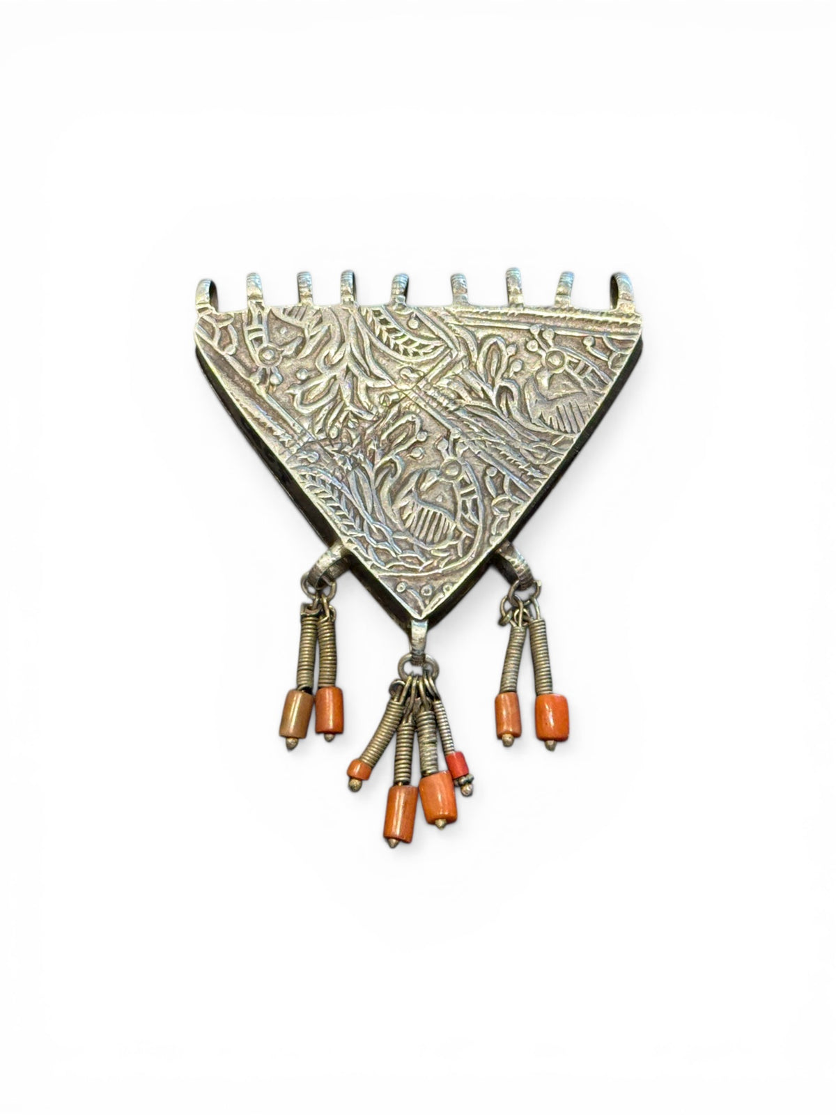Vintage Afghani triangle protective amulet with Turkoman influence, high grade silver, red coral tipped dangles. Mid 20th C. Height 7.8 cm