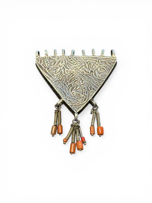 Vintage Afghani triangle protective amulet with Turkoman influence, high grade silver, red coral tipped dangles. Mid 20th C. Height 7.8 cm