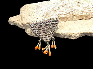 Vintage Afghani triangle protective amulet with Turkoman influence, high grade silver, red coral tipped dangles. Mid 20th C. Height 7.8 cm