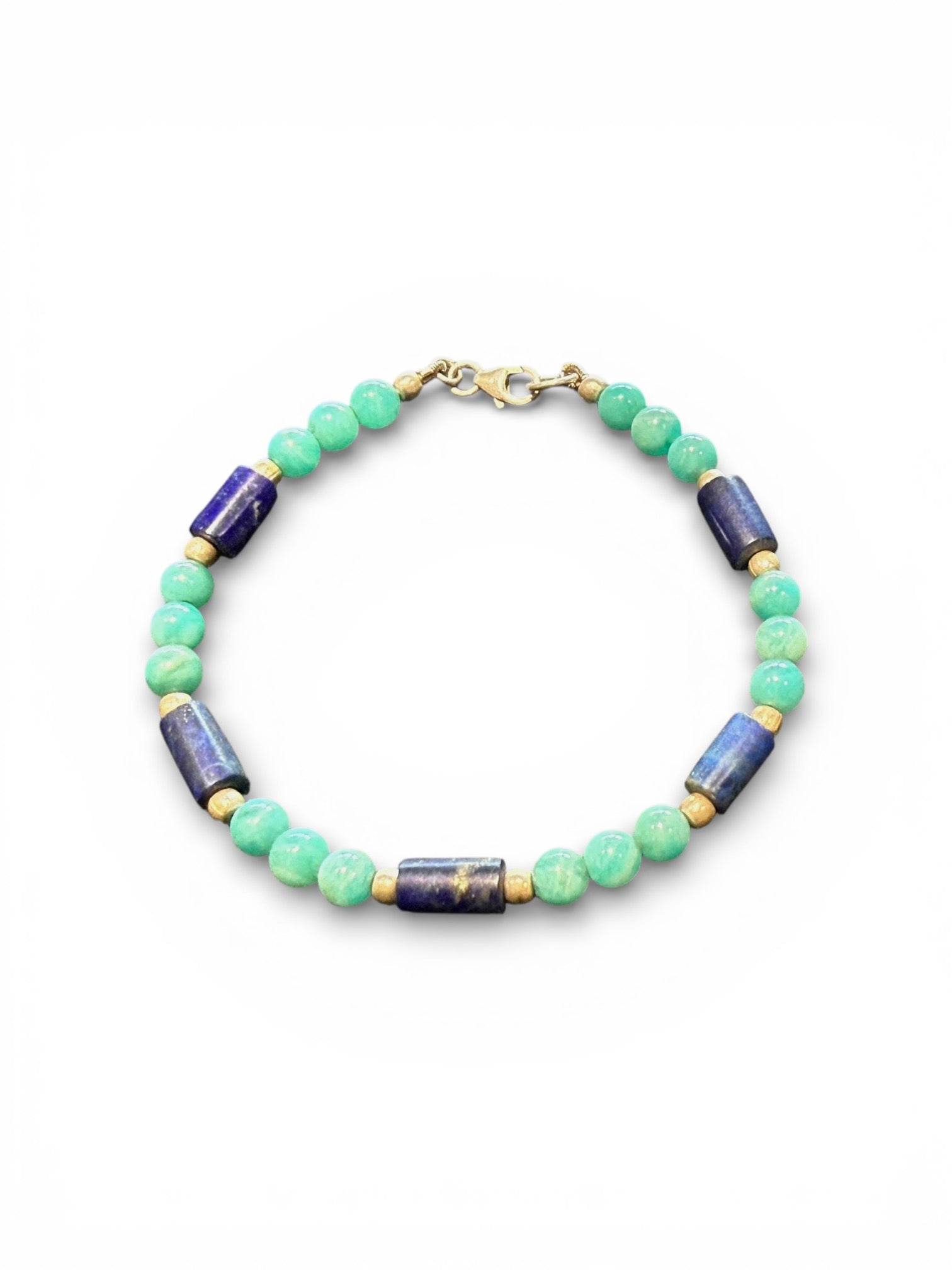 Lapis lazuli and amazonite bracelet finished with sterling silver detailing and clasp. Measurements: length 20 cm, size 18
