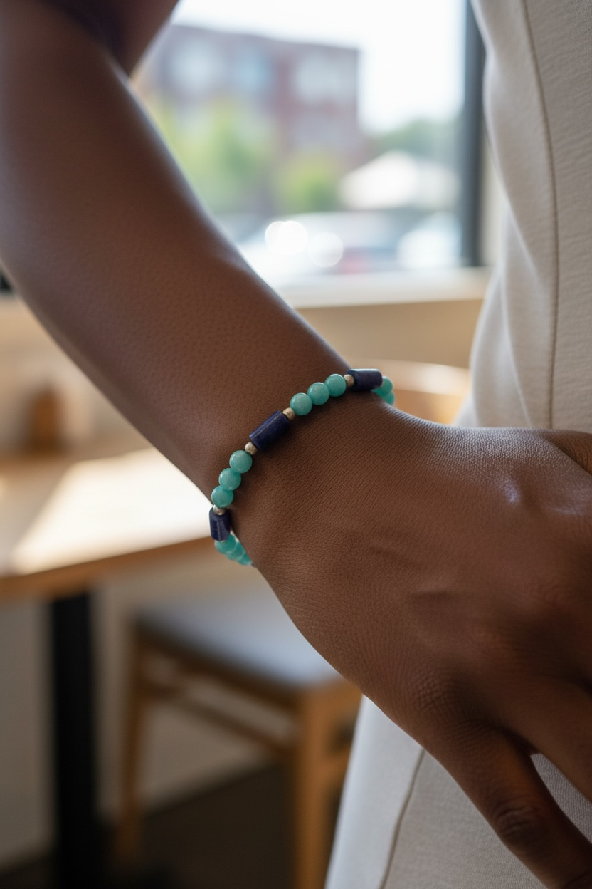Lapis lazuli and amazonite bracelet finished with sterling silver detailing and clasp. Measurements: length 20 cm, size 18
