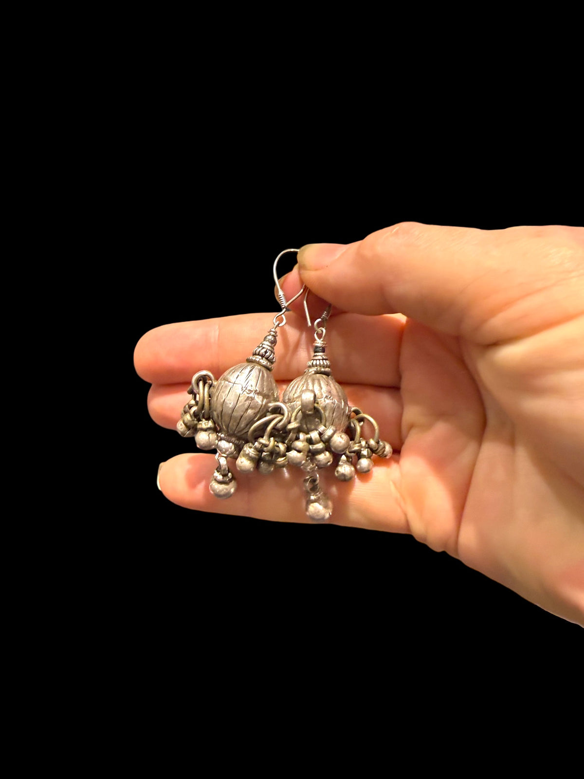 Antique Afghani poppy bud beads as earrings. High grade silver and sterling silver. Height including hooks 7 cm
