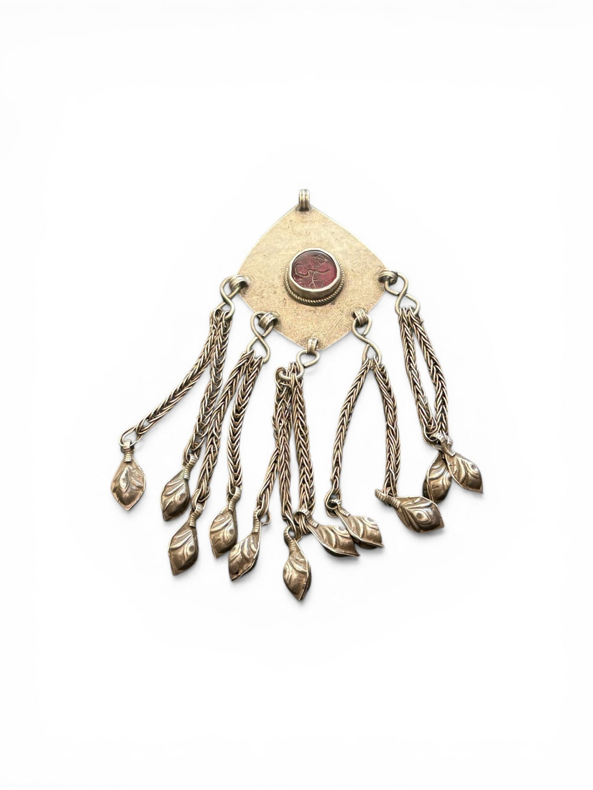 High grade silver plaque pendant with centre resin "gem" with unknown inscription, chains and leaf dangles. Afghanistan. Early to mid 20th century. Measurements: height 12 cm