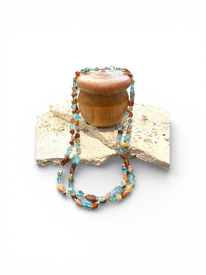 Stylish boho necklace made from two strands of pebble ocean jasper, apatite, hessonite garnet and sterling silver. Length 43.6 cm