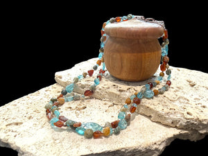 Stylish boho necklace made from two strands of pebble ocean jasper, apatite, hessonite garnet and sterling silver. Length 43.6 cm