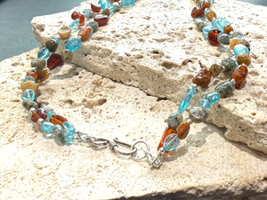 Stylish boho necklace made from two strands of pebble ocean jasper, apatite, hessonite garnet and sterling silver. Length 43.6 cm