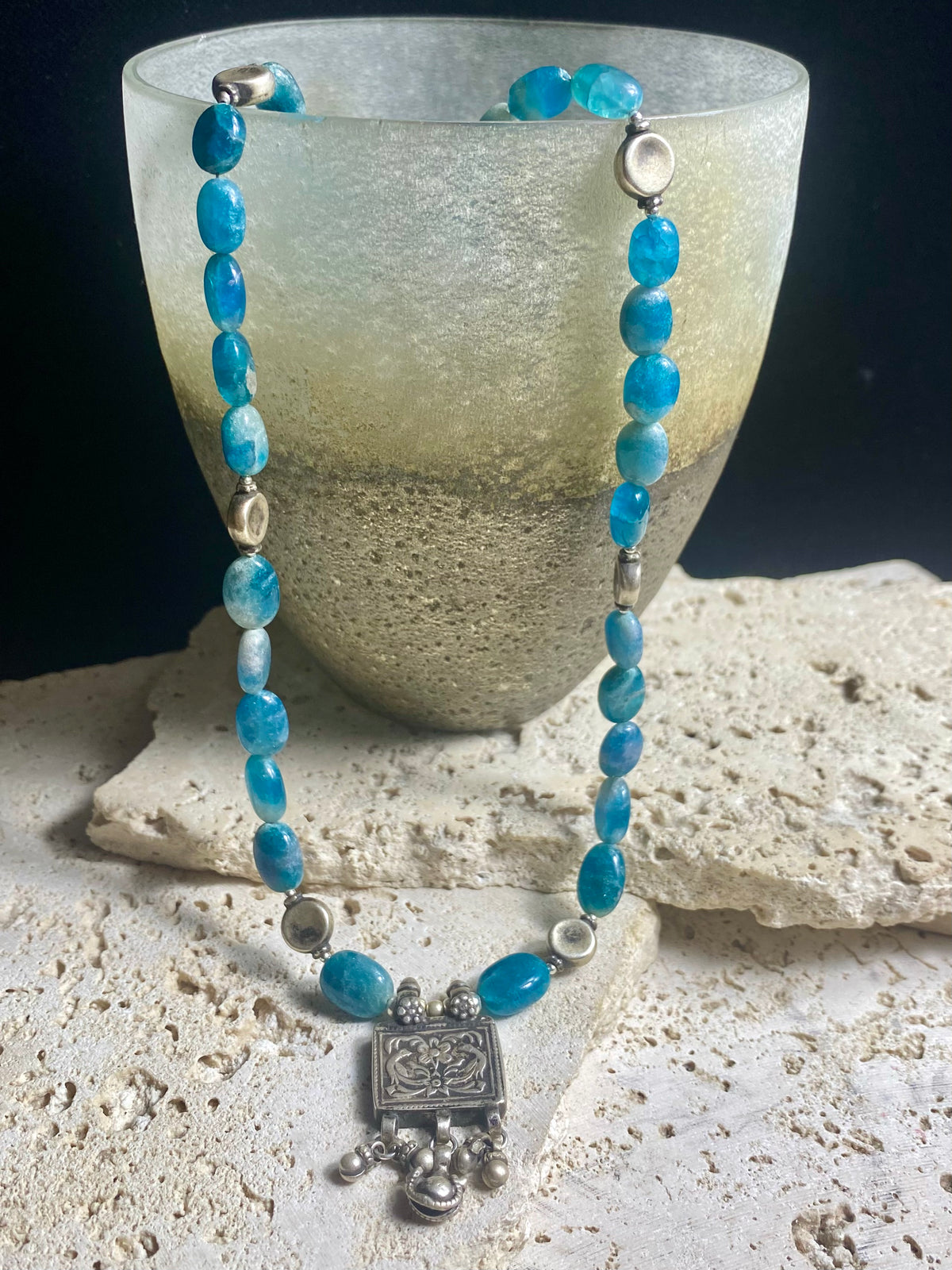 Apatite necklace featuring graduated natural blue apatite beads highlighted with old Indian silver beads and box pendant. Length 50 cm (19.75")