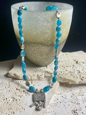 Apatite necklace featuring graduated natural blue apatite beads highlighted with old Indian silver beads and box pendant. Length 50 cm (19.75")