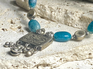 Apatite necklace featuring graduated natural blue apatite beads highlighted with old Indian silver beads and box pendant. Length 50 cm (19.75")