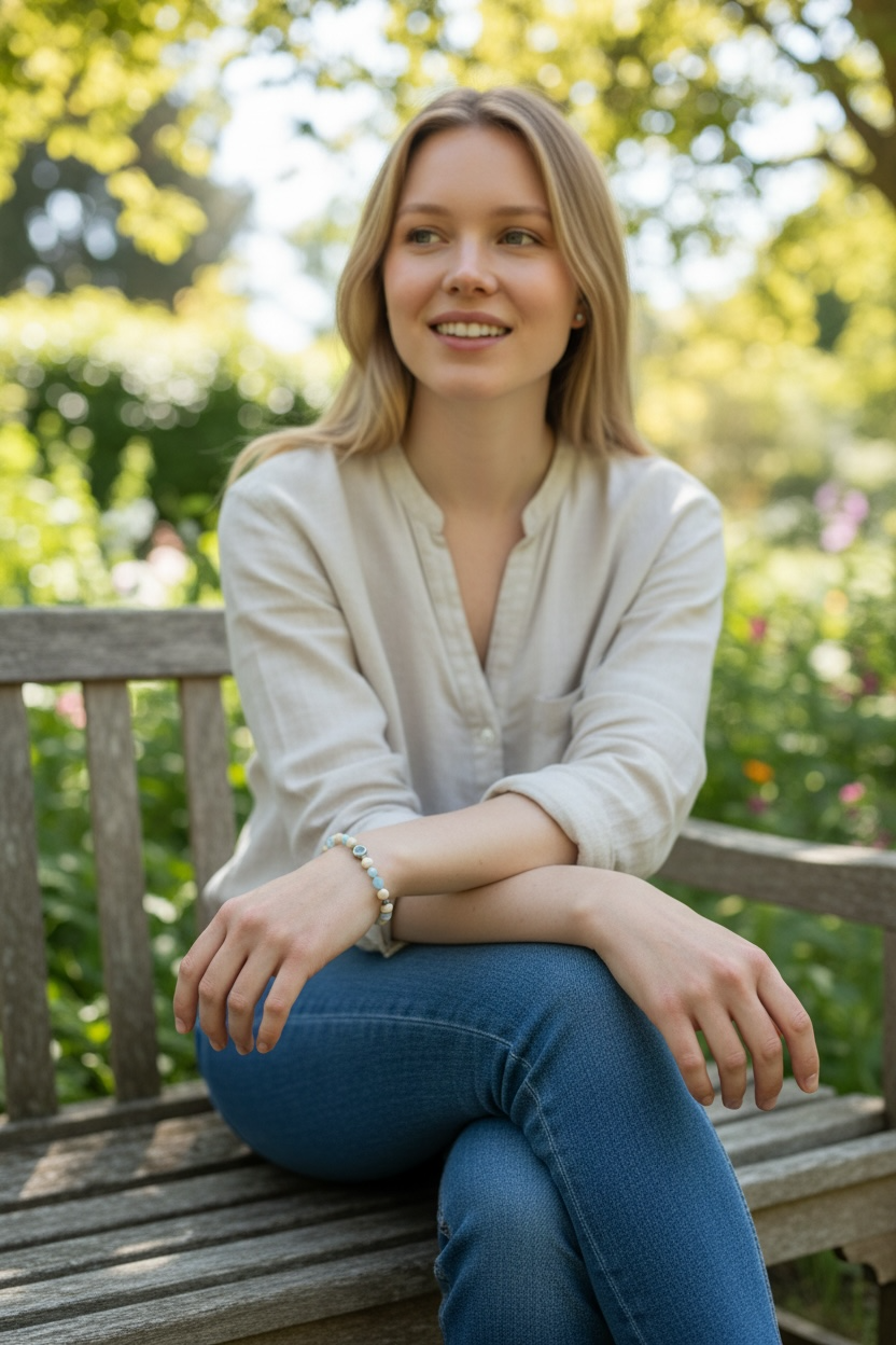 Beaded bracelet of aquamarine, jasper, vintage silver and sterling silver spacer beads. Strung on sturdy elastic cord. Size 18 cm. Beads 6 mm diameter