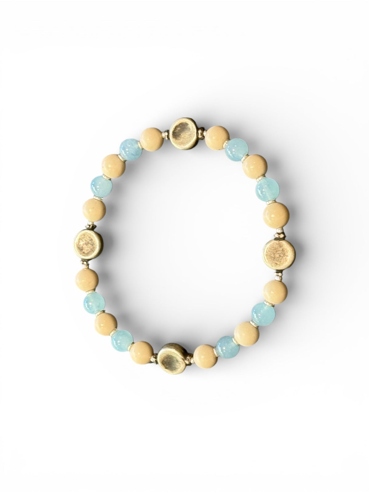 Beaded bracelet of aquamarine, jasper, vintage silver and sterling silver spacer beads. Strung on sturdy elastic cord. Size 18 cm. Beads 6 mm diameter