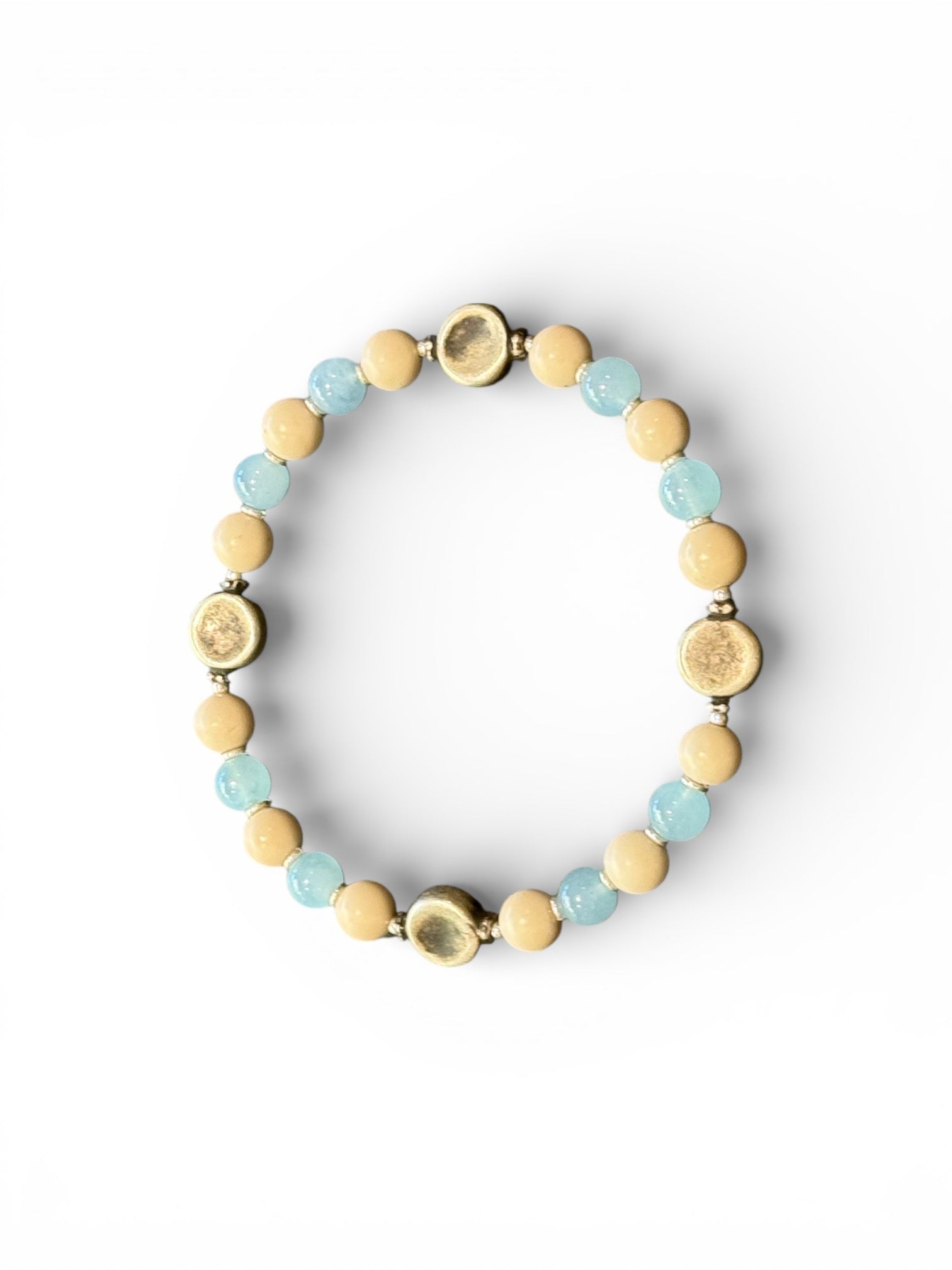 Beaded bracelet of aquamarine, jasper, vintage silver and sterling silver spacer beads. Strung on sturdy elastic cord. Size 18 cm. Beads 6 mm diameter