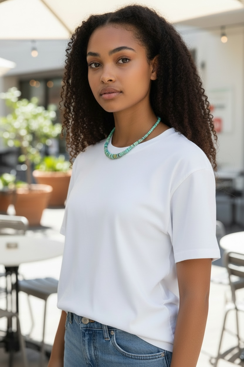 Graduated turquoise choker necklace featuring heshi beads of pale blue Arizona turquoise. Finished with a sterling silver hook clasp. 41 cm (16.25") length