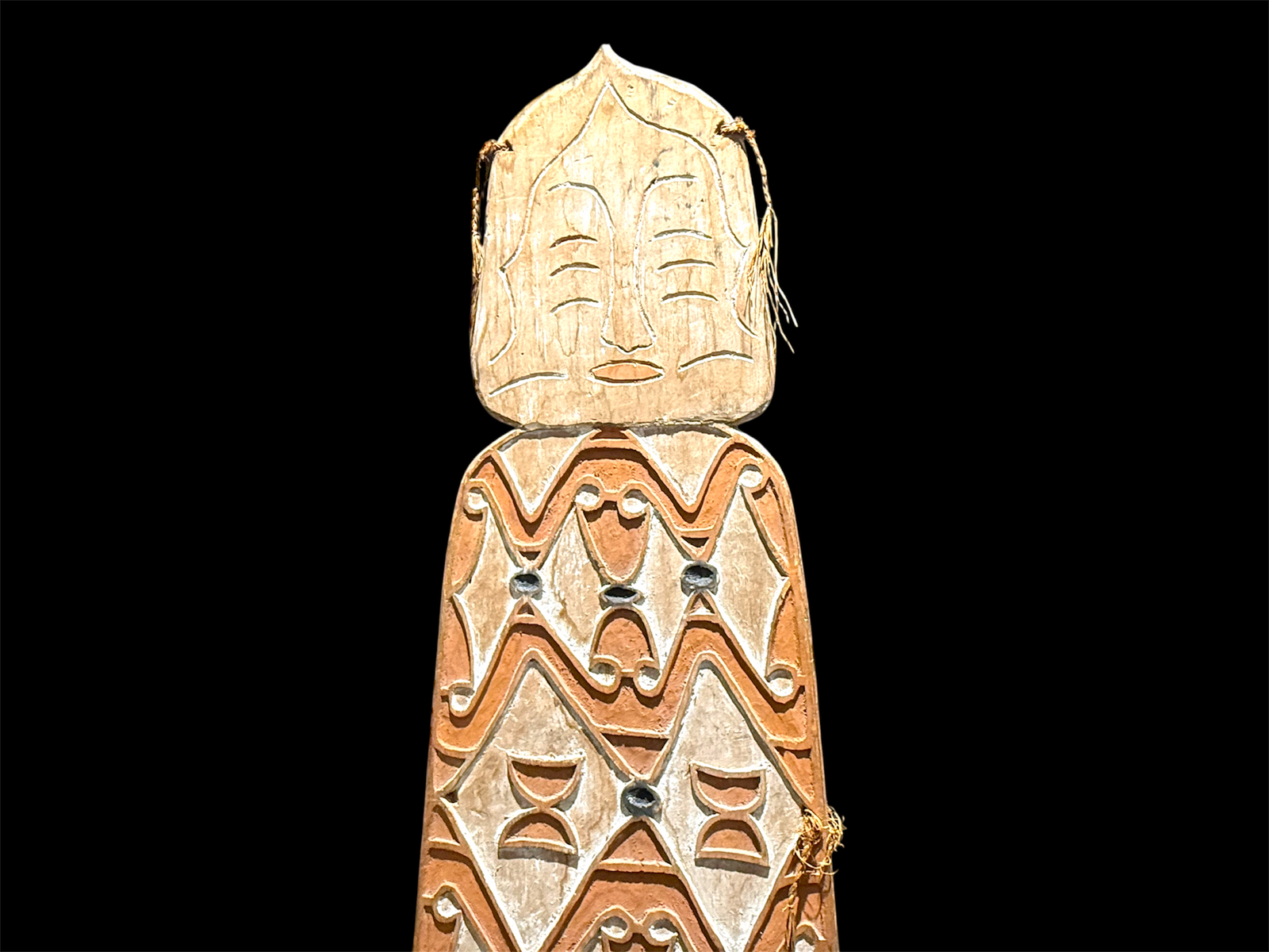 Asmat shield. Wood carved and decorated with lime, ochre, charcoal and sago fibre. Central Asmat region, Irian Jaya. Length 166 cm x 42 cm. Yartzhaus Collection