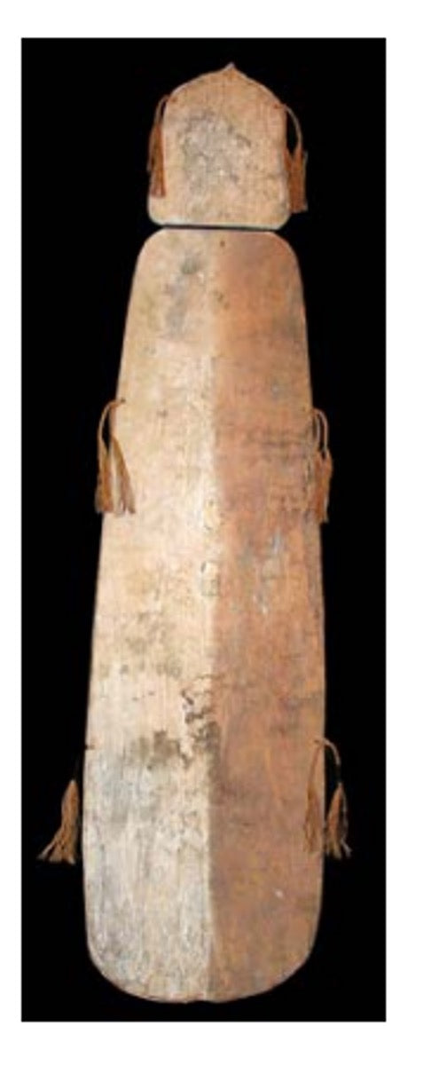 Asmat shield. Wood carved and decorated with lime, ochre, charcoal and sago fibre. Central Asmat region, Irian Jaya. Length 166 cm x 42 cm. Yartzhaus Collection