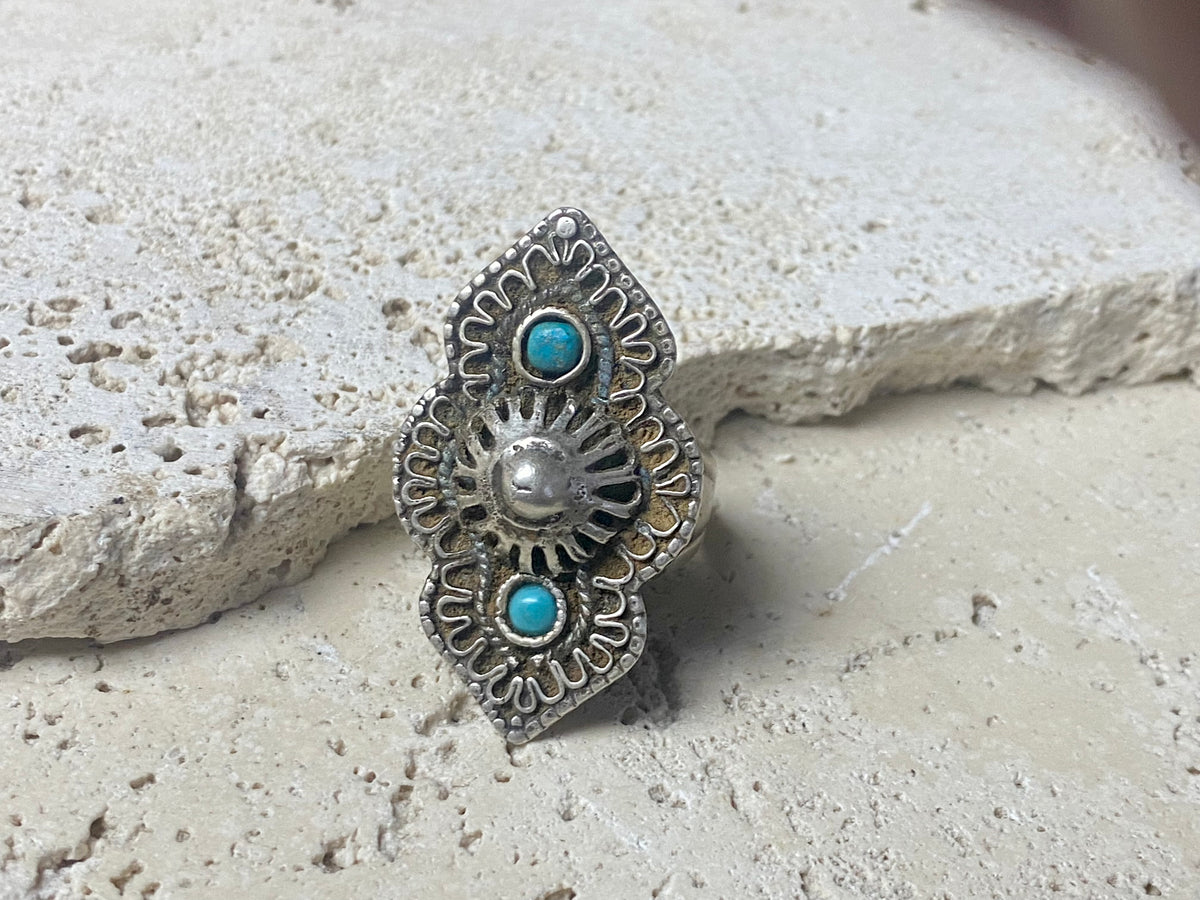 beautiful statement ring made by a Rajasthani village silversmith just outside of Jaipur. Sterling silver and blue ceramic beads with hand wired (not cast) filigree face decoration. Rajasthan, India. Looks great on a man's hand or woman's hand.   Measurements:  Face 4 cm x 2.5 cm Size 9.25 | 19.25 mm