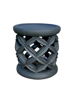 Authentic Bamileke hand carved wood stools. Carved from a single piece of wood. Bamileke people, Cameroon, west Africa. Use as a stool, side table, pedestal or statement piece. Each stool is hand-made and therefore holds variations that make every piece unique. Measurements (approximate): diameter 39 cm, height 41 cm