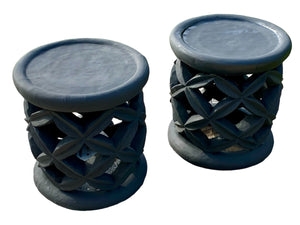 Authentic Bamileke hand carved wood stools. Carved from a single piece of wood. Bamileke people, Cameroon, west Africa. Use as a stool, side table, pedestal or statement piece. Each stool is hand-made and therefore holds variations that make every piece unique. Measurements (approximate): diameter 39 cm, height 41 cm