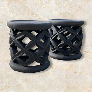 Authentic Bamileke hand carved wood stools. Carved from a single piece of wood. Bamileke people, Cameroon, west Africa. Use as a stool, side table, pedestal or statement piece. Each stool is hand-made and therefore holds variations that make every piece unique. Measurements (approximate): diameter 39 cm, height 41 cm