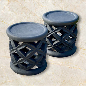 Authentic Bamileke hand carved wood stools. Carved from a single piece of wood. Bamileke people, Cameroon, west Africa. Use as a stool, side table, pedestal or statement piece. Each stool is hand-made and therefore holds variations that make every piece unique. Measurements (approximate): diameter 39 cm, height 41 cm