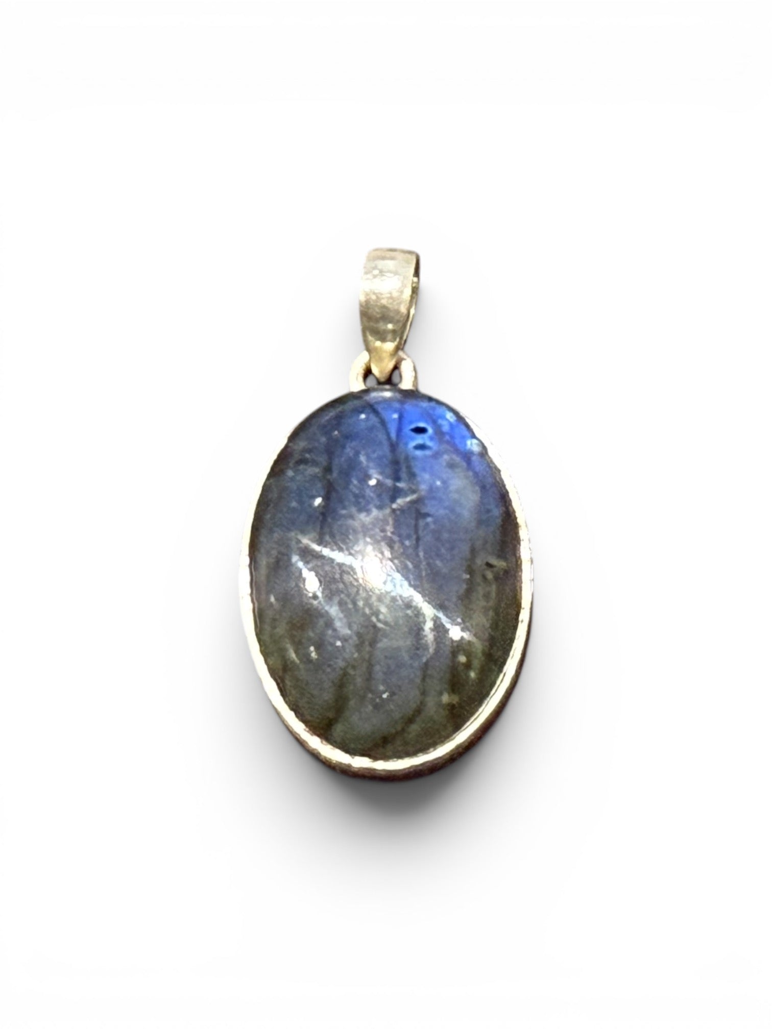 Large oval labradorite pendant set in sterling silver with a generous bail. A high set stone with excellent colour. Height 4.2 cm, width 2.3 cm, height 1 cm