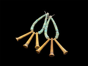 Graduated unpolished heshi-cut turquoise and vintage Naga deer antler pendants. Sterling silver detailing. Very long earrings, tribally inspired. Length 12 cm