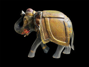 Very large vintage elephant, hand painted in rich detail, crafted in India from solid hard wood. Height 25.5, length 35 cm, depth 14 cm
