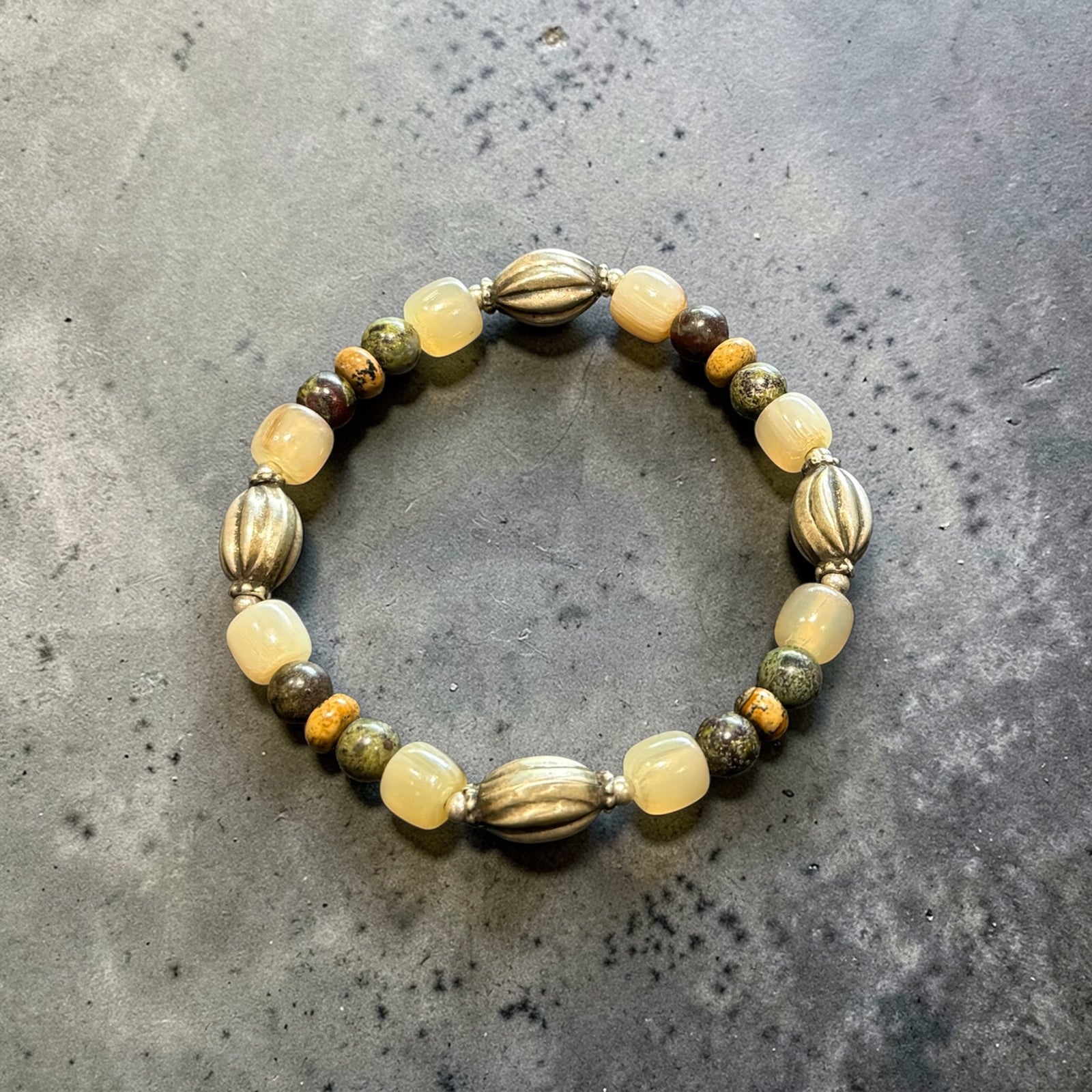 Yoga bracelet featuring vintage sterling silver, bloodstone, jasper and buffalo horn. Unisex bracelet on sturdy elasticised cord. Length 20 cm, inside 18 cm