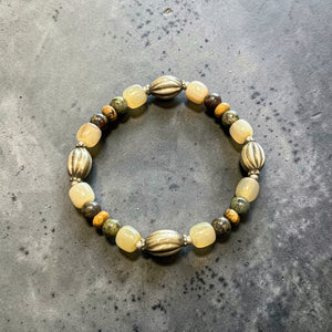 Yoga bracelet featuring vintage sterling silver, bloodstone, jasper and buffalo horn. Unisex bracelet on sturdy elasticised cord. Length 20 cm, inside 18 cm