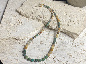 Our modern necklace features graduated blue jasper & matted Indian jasper, highlighted with sterling silver and sterling silver ends. Length 59.5 cm