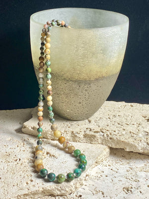 Our modern necklace features graduated blue jasper & matted Indian jasper, highlighted with sterling silver and sterling silver ends. Length 59.5 cm