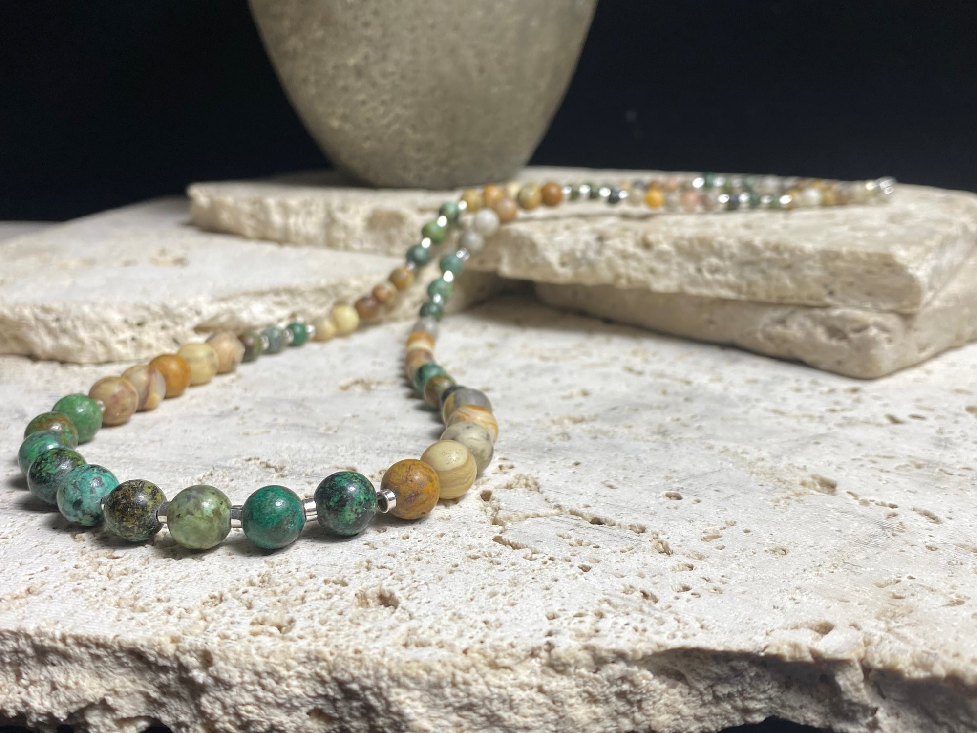 Our modern necklace features graduated blue jasper & matted Indian jasper, highlighted with sterling silver and sterling silver ends. Length 59.5 cm