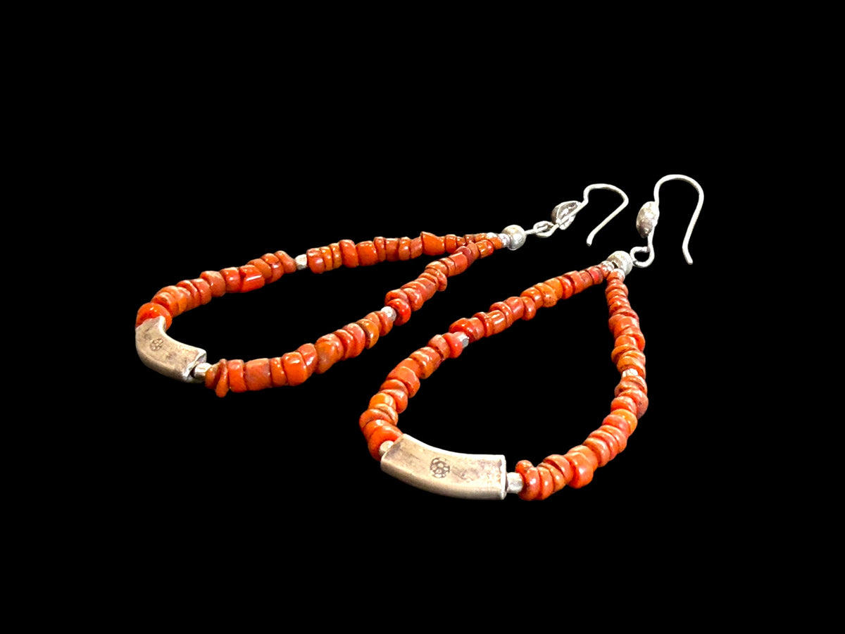 Red-brown-orange toned drop hoop earrings, made with ceramic Bonda beads, Karen hill tribe silver feature beads and sterling silver hooks. Length approx 8 cm