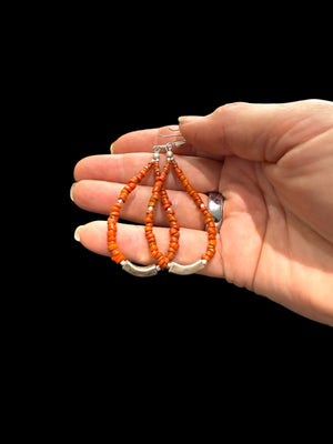 Red-brown-orange toned drop hoop earrings, made with ceramic Bonda beads, Karen hill tribe silver feature beads and sterling silver hooks. Length approx 8 cm