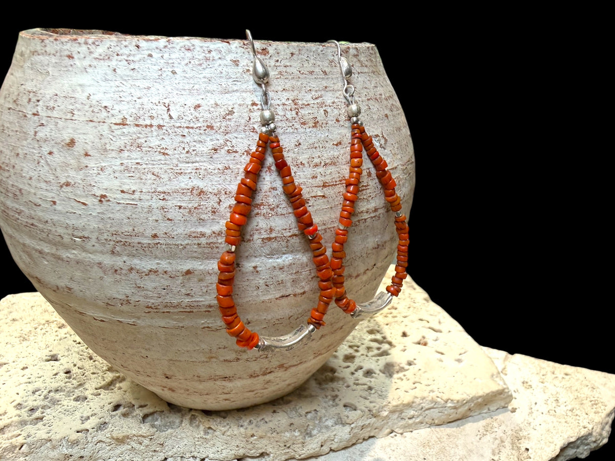 Red-brown-orange toned drop hoop earrings, made with ceramic Bonda beads, Karen hill tribe silver feature beads and sterling silver hooks. Length approx 8 cm