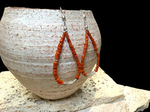 Red-brown-orange toned drop hoop earrings, made with ceramic Bonda beads, Karen hill tribe silver feature beads and sterling silver hooks. Length approx 8 cm