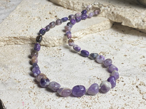 Striking but simple boulder gemstone necklaces with sterling silver bead detailing, finished with a sterling silver hook clasp. Amethyst, length 46 cm