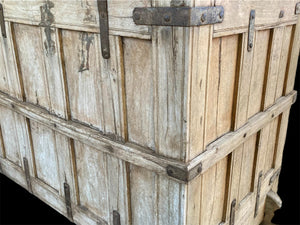 Originally a dowry chest & converted into a box seat many decades ago. Storage is available in the lower part. Four wheels and two iron rings mean that this item can be easily moved around and repositioned. Teak & rosewood, early 20th century, Southern India. Height 105 cm at highest point, length 150 cm, depth 74 cm