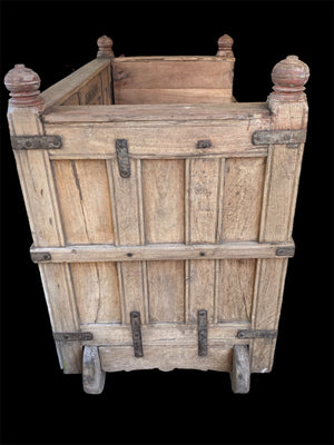 Originally a dowry chest & converted into a box seat many decades ago. Storage is available in the lower part. Four wheels and two iron rings mean that this item can be easily moved around and repositioned. Teak & rosewood, early 20th century, Southern India. Height 105 cm at highest point, length 150 cm, depth 74 cm