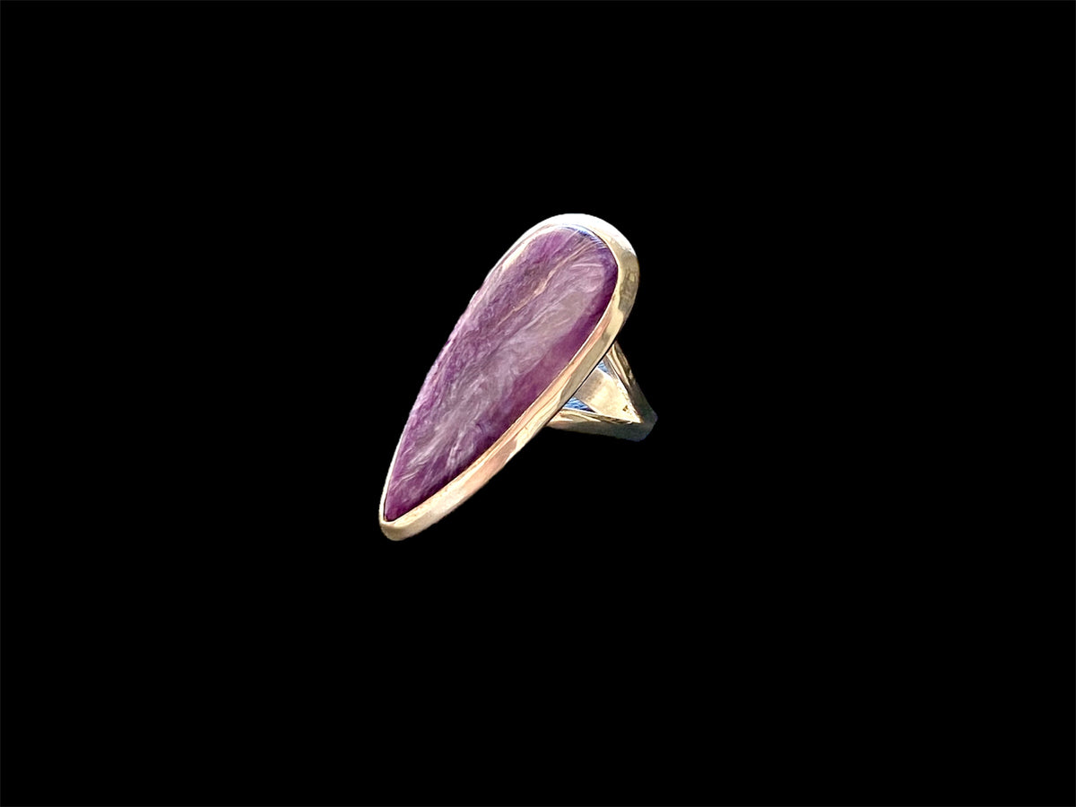 A lovely  large and elegant charoite ring set in sterling silver. Length 3.8 cm, width 1.6 cm. US Size 7.5;| Inside diameter 17.75 mm