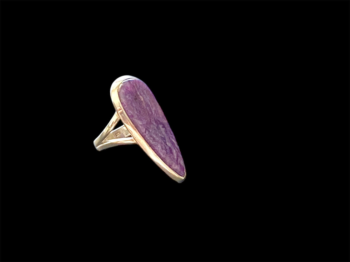 A lovely  large and elegant charoite ring set in sterling silver. Length 3.8 cm, width 1.6 cm. US Size 7.5;| Inside diameter 17.75 mm