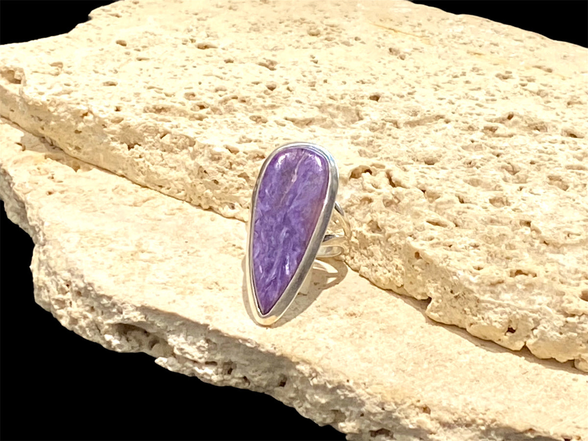 A lovely  large and elegant charoite ring set in sterling silver. Length 3.8 cm, width 1.6 cm. US Size 7.5;| Inside diameter 17.75 mm