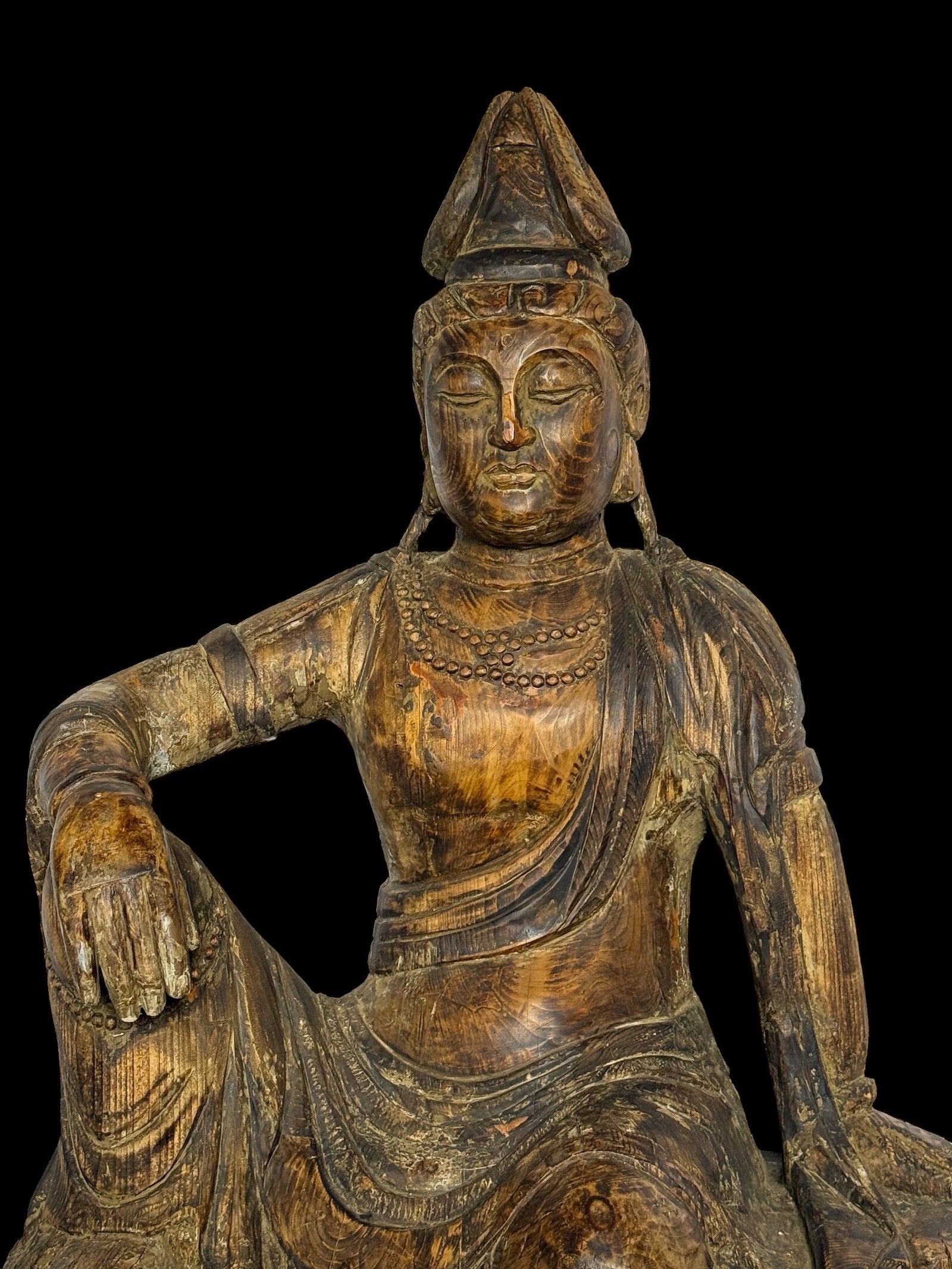 Temple bodhisattva statue, serene expression & downcast eyes, royal ease pose. Scented fir, gesso, pigment. C1780-1840. Central China. H1020 x w650 x d430 mm 