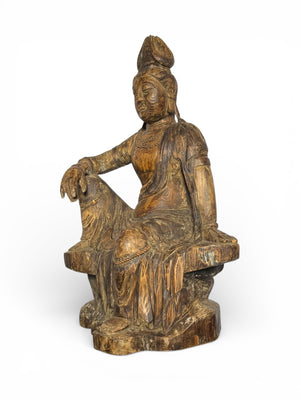 Temple bodhisattva statue, serene expression & downcast eyes, royal ease pose. Scented fir, gesso, pigment. C1780-1840. Central China. H1020 x w650 x d430 mm 