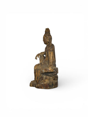 Temple bodhisattva statue, serene expression & downcast eyes, royal ease pose. Scented fir, gesso, pigment. C1780-1840. Central China. H1020 x w650 x d430 mm 