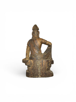 Temple bodhisattva statue, serene expression & downcast eyes, royal ease pose. Scented fir, gesso, pigment. C1780-1840. Central China. H1020 x w650 x d430 mm 
