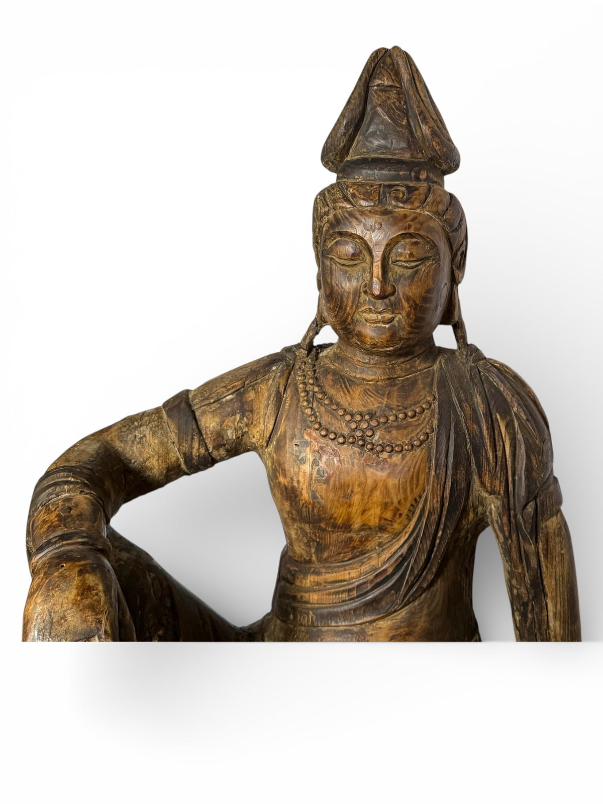 Temple bodhisattva statue, serene expression & downcast eyes, royal ease pose. Scented fir, gesso, pigment. C1780-1840. Central China. H1020 x w650 x d430 mm 