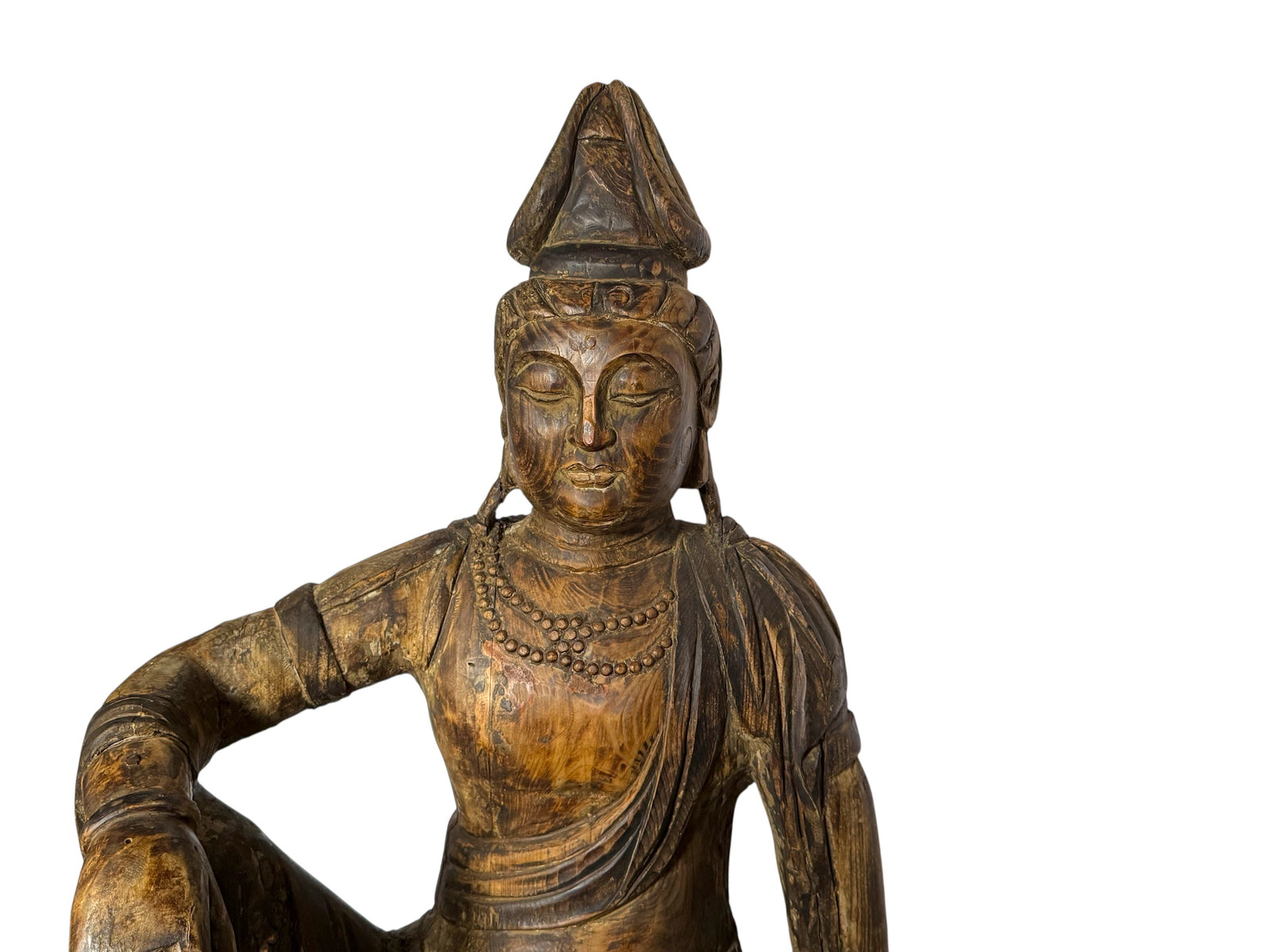 Temple bodhisattva statue, serene expression & downcast eyes, royal ease pose. Scented fir, gesso, pigment. C1780-1840. Central China. H1020 x w650 x d430 mm 